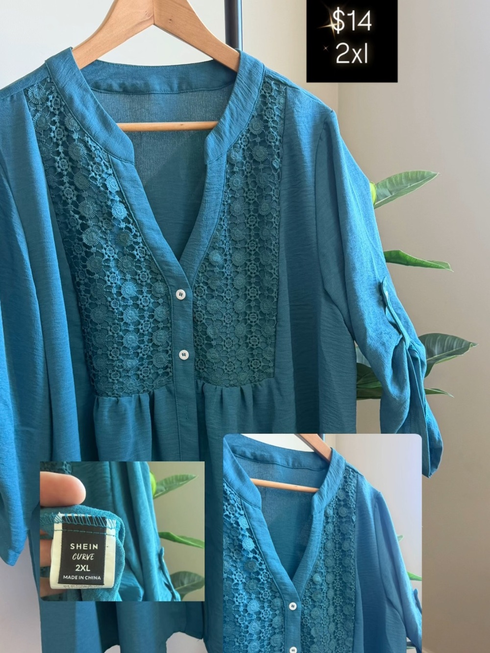 SHEIN Curve Teal Lace-Trim Button Tunic - 2XL